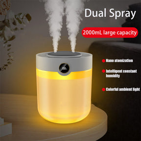 Large Capacity 2L Humidity Digital Display Double Spray Humidifier USB Silent Home Desktop Water Refill Meter Fog Amount